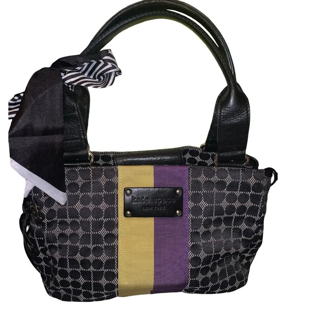 Vintage Y2K Kate Spade Black Canvas/black Leather Shoulder Bag Purple Yellow